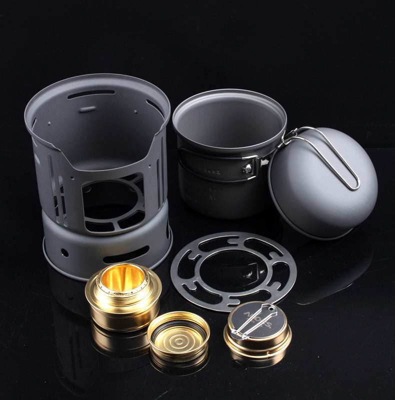 Kit de cocina para camping de acero inoxidable de 580 g - Estufa de alcohol ecológica (6 piezas)