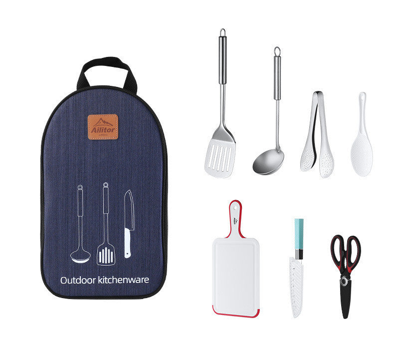 Juego de utensilios de cocina para acampar de acero inoxidable de 7 piezas