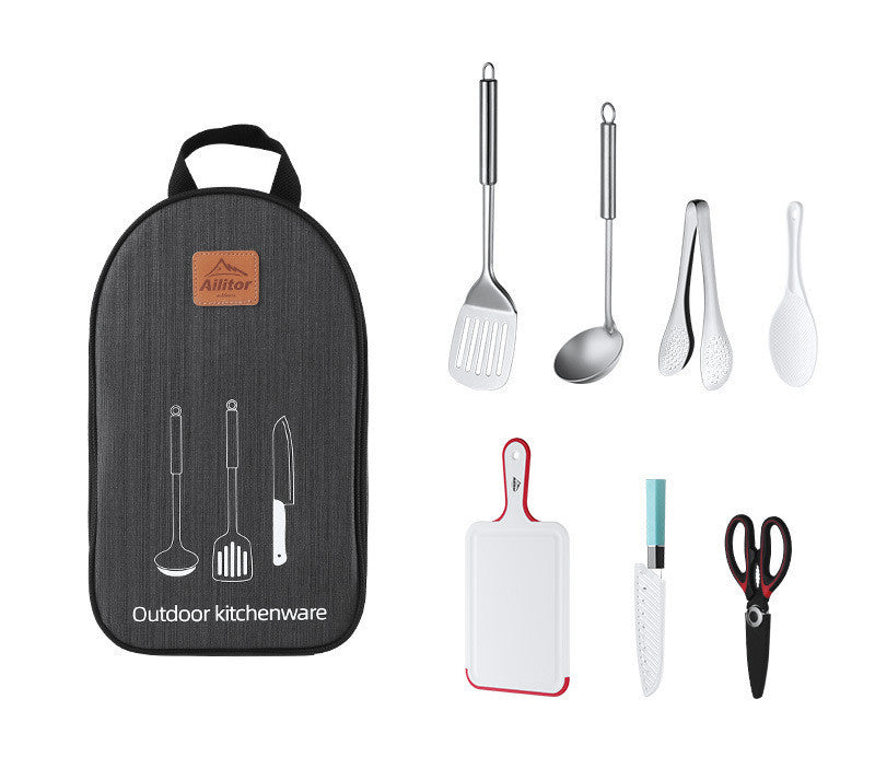 Juego de utensilios de cocina para acampar de acero inoxidable de 7 piezas