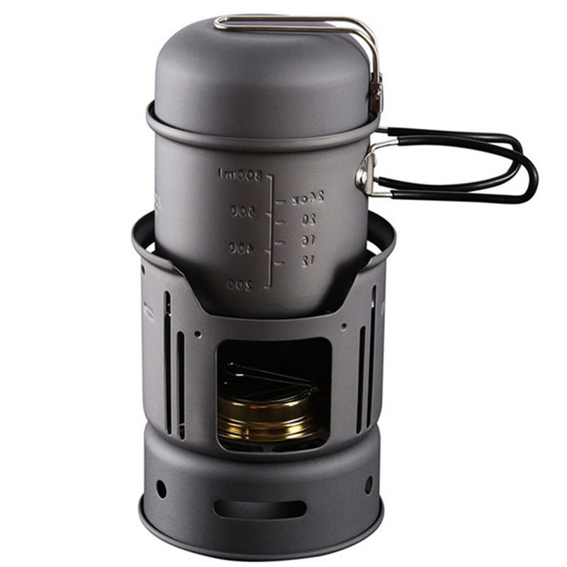 Kit de cocina para camping de acero inoxidable de 580 g - Estufa de alcohol ecológica (6 piezas)