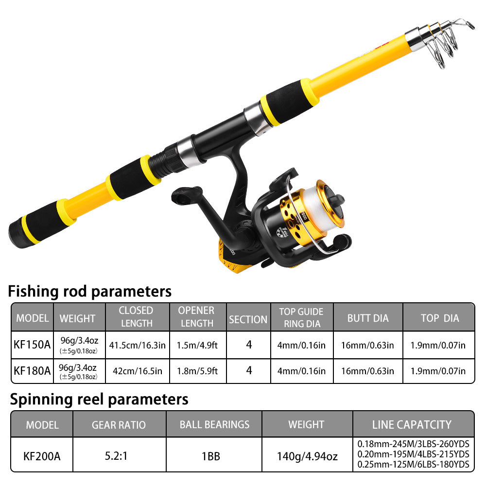 Kit Canne Pêche Télescopique + Moulinet - 1,5m/1,8m 5 Couleurs