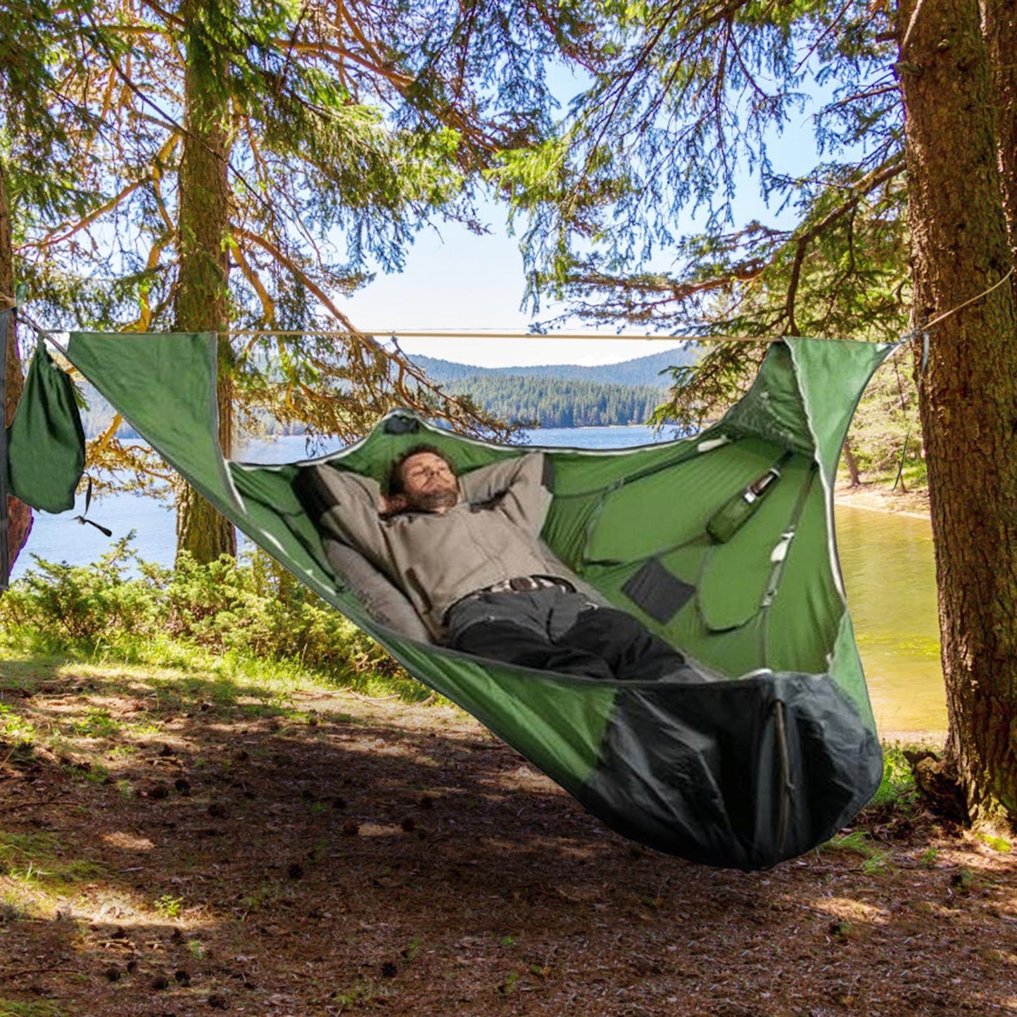 Hamaca de camping con mosquitera integrada - Kit completo de suspensión 120 kg