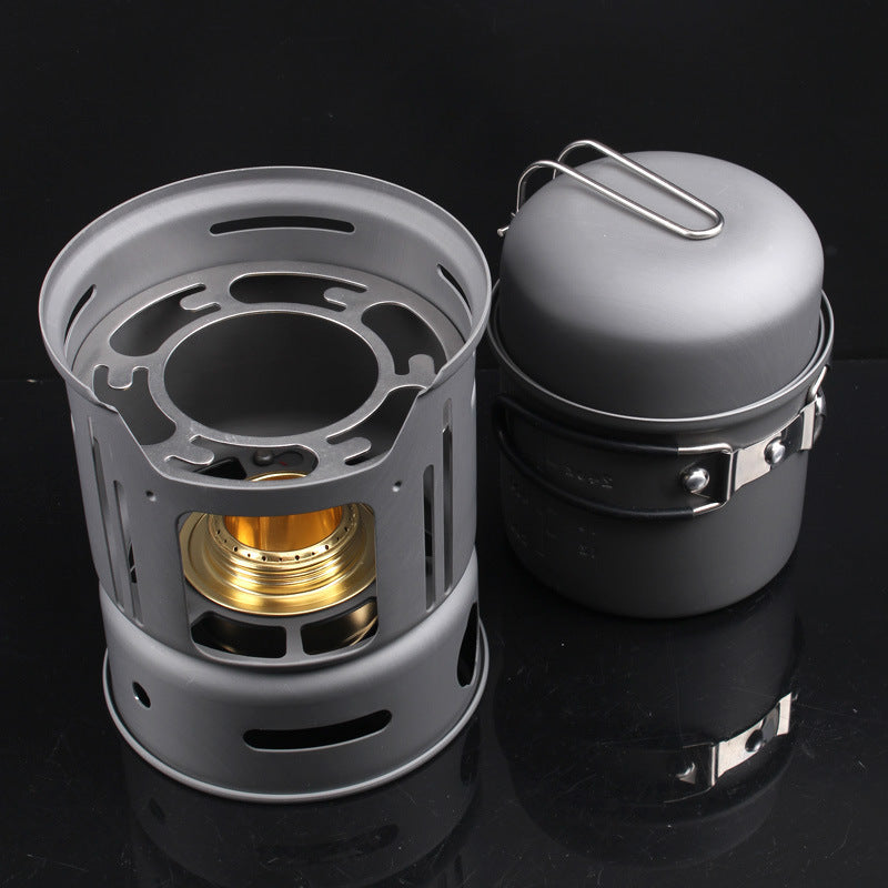 Kit de cocina para camping de acero inoxidable de 580 g - Estufa de alcohol ecológica (6 piezas)
