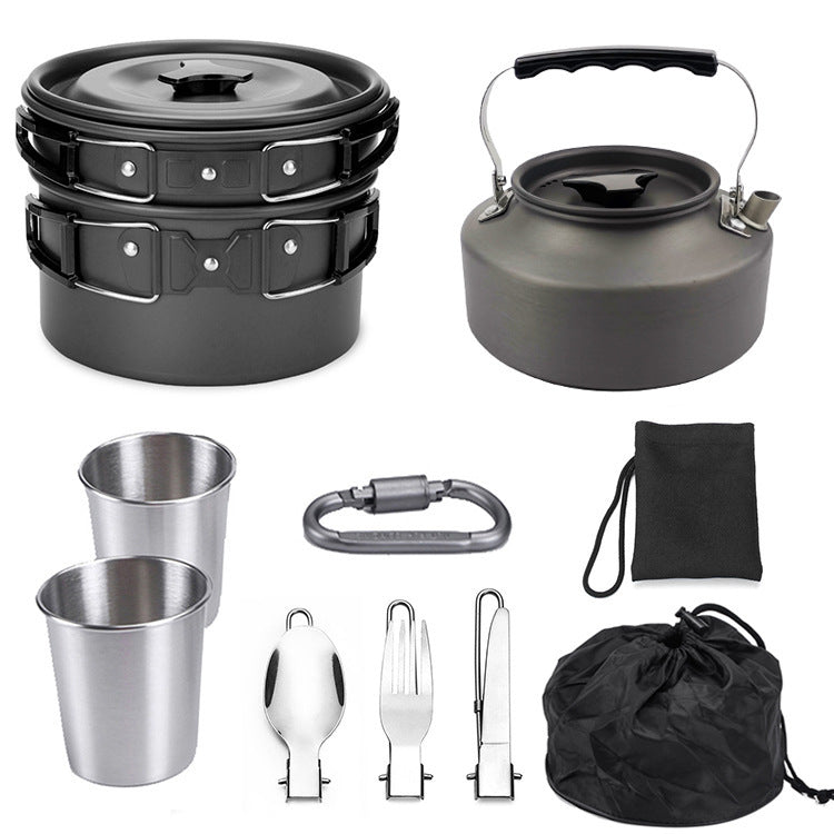 Juego de utensilios de cocina de aluminio portátil para acampar, kit de cubiertos de 1,1 l