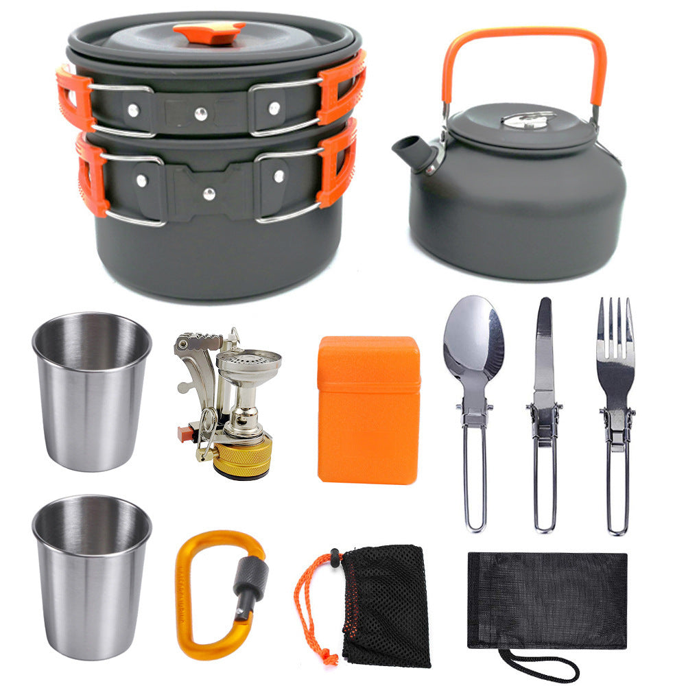 Kit Cuisine Camping Aluminium 10 Pièces Antiadhésif - Batterie Complète 2-3 Personnes - Camp de Base Farzen+